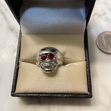 VTG Silver Plate Skull Ring Red Eyes Size 8