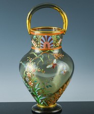 SUPERB 19thC ANTIQUE MOSER HARRACH PAINTED ENAMEL INSECTS ART GLASS BASKET VASE