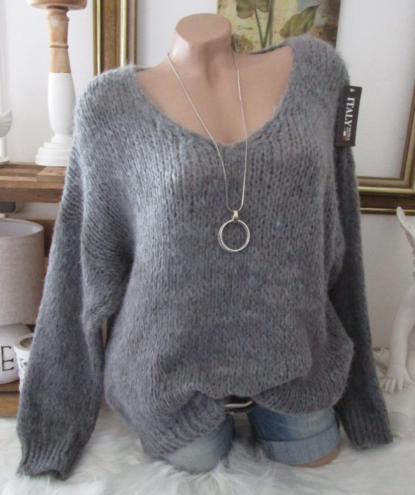 Italy Warme Kuschel Strick Pullover Grob Pulli Anthrazit Einheitsgrösse 36 38 40