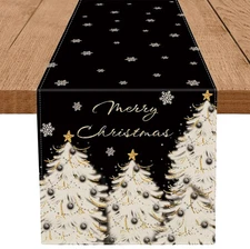 Christmas Table Runner Xmas Golden Tree Star Snowflake Black Merry Christmas ...