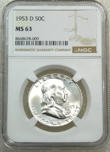 1953 D Franklin Half Dollar NGC MS63 98%FBL Frosty Just Graded New Holder #S294A