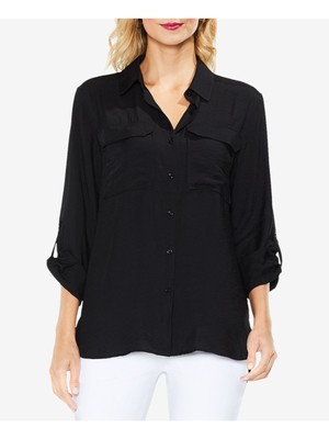 VINCE CAMUTO Womens Black Utility Roll-tab Sleeve Point Collar Button Up Top XXS