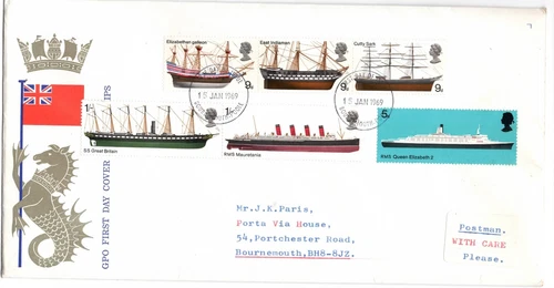 G.B.  -  1969  "  BRITISH   SHIPS  set on First Day Cover  " .