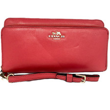 Coach Pink Leather Double Zip Wallet Wristlet Clutch 8x4 Gold Tone