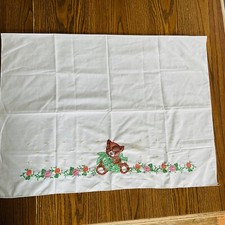 Hand Embroidered Teddy Bear Hugging Bunny VTG Infant Crib Top Sheet 54  by 36  