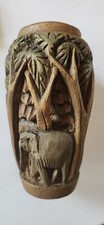 Hand-Carved Wooden Vases Tropical Foliage  Elephants BOHO