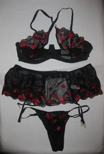 Shein floral embroidery sheer mesh bralette garter skirt & panties set XL black