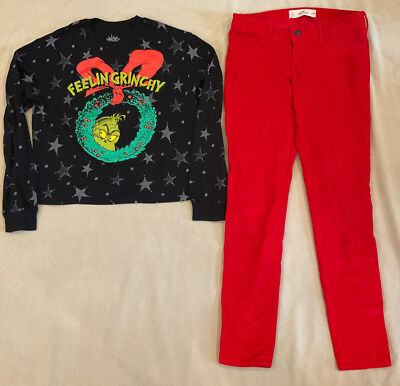 Grinch Crop Top Clothing Lot Small Juniors Hollister Red Cords Jeans 3/26 Xmas