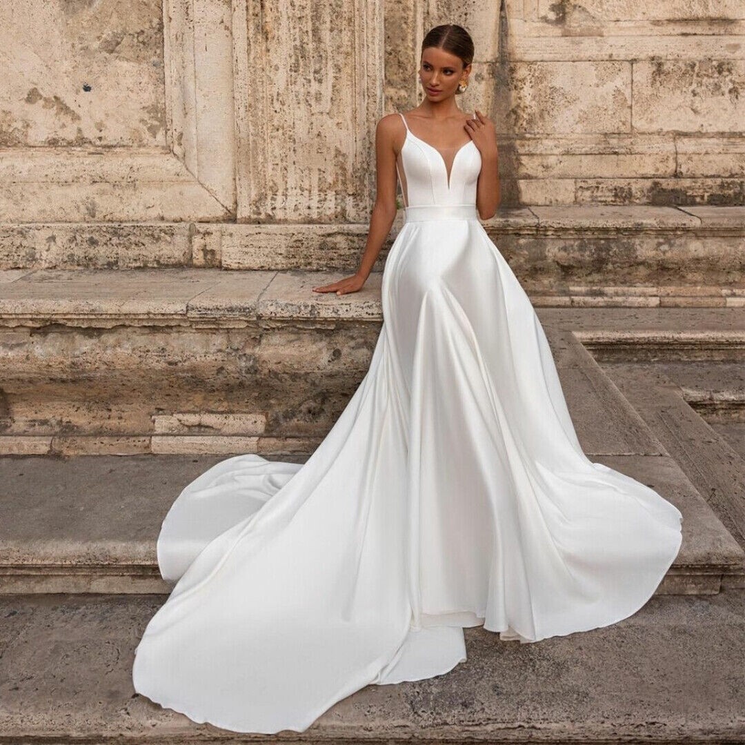 Elegant Satin Wedding Dresses Sweetheart Spaghetti Straps A-Line Bridal Gowns | eBay Elegant Satin Wedding Dresses Sweetheart Spaghetti Straps A-Line Bridal Gowns | eBay