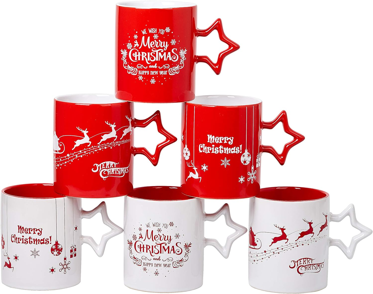 Red and White Funny Coffee Mugs with Star Handle Set of 6 -Large-Sized Mugs 14 O