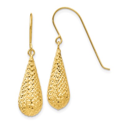 14k Yellow Gold Diamond-cut Puff Tear Drop and Dangle Earrings 1.64g for Mom