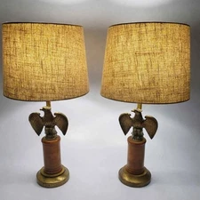Vtg Pair American Federal Eagle Statue Lamp Bronzed Metal and Hardwood 27"