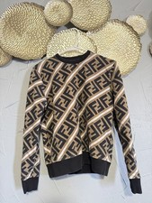 FENDI Brown Monogram Print Cotton Crewneck Sweatshirt Small