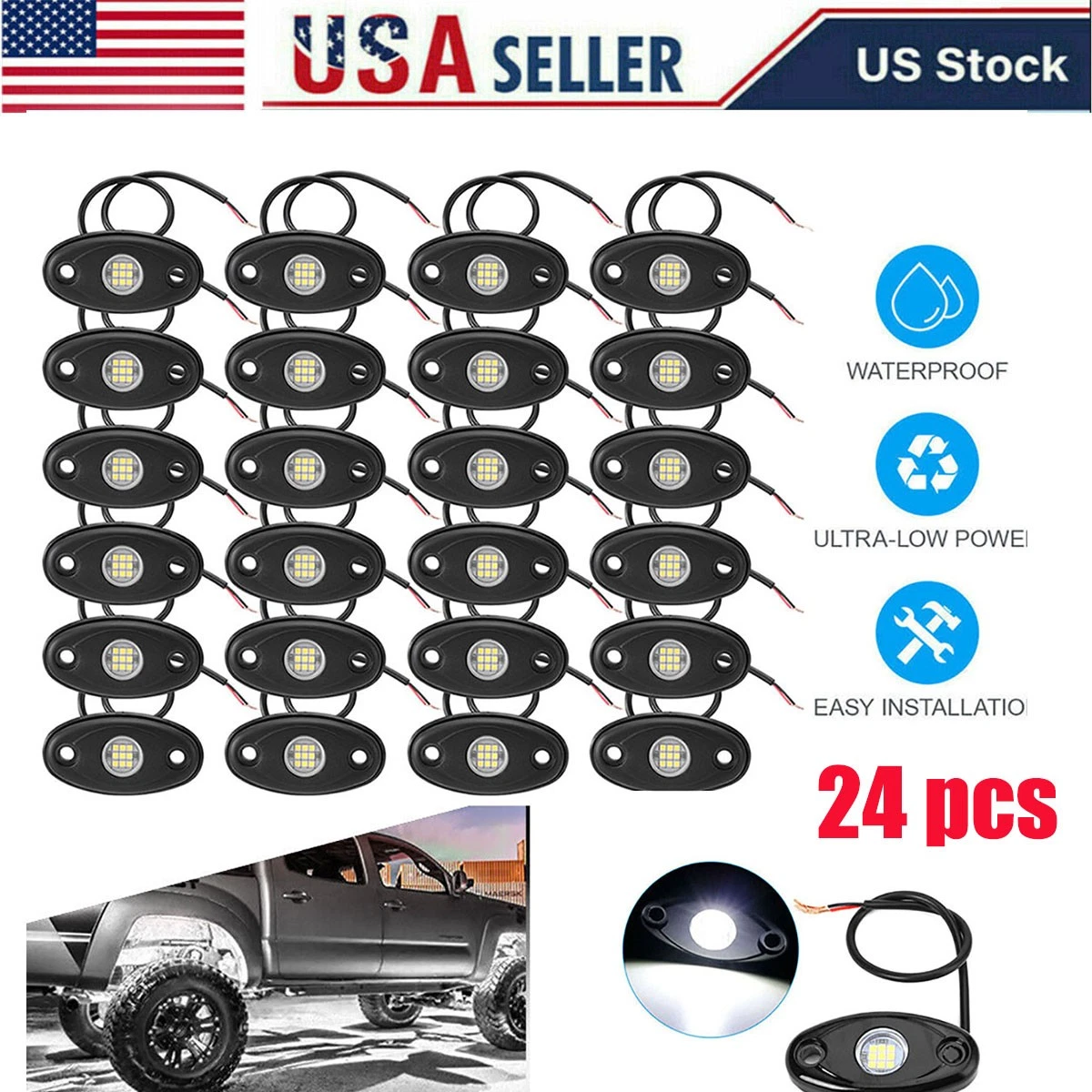 24 Pods LED Rock Lights for Trucks Underglow Wheel Well Light 6000K Pure White