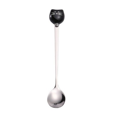 Stainless Steel Spoon Ceramic Cat Head Long Handle Stirring Spoon For Mug Co SET