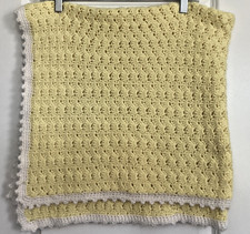 Handmade Crochet Baby Blanket Yellow White VTG Knit Afghan Crib Nursery 36x36