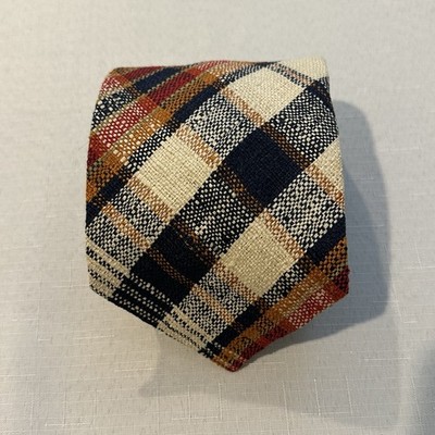 Vintage Briar 70s Plaid Silk Wide Necktie Cream Navy Red Brown Retro Tie