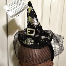 Light-up Witch Mini Hat Headband with Veil Black Silver Print Halloween Costume