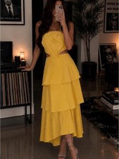 Farm Rio 3D Floral Tiered Midi Dress Yellow Cutout Linen Blend