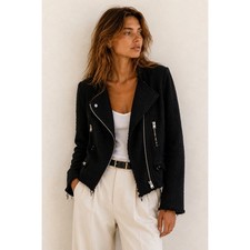 IRO Carlotaspe Black Tweed Moto Jacket Frayed Zip Front Size 38 Small Minimalist