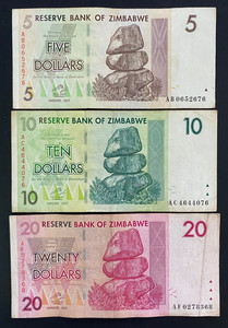 Zimbabwe 5, 10, and 20 Dollar Bills Banknotes Paper Money World Currency