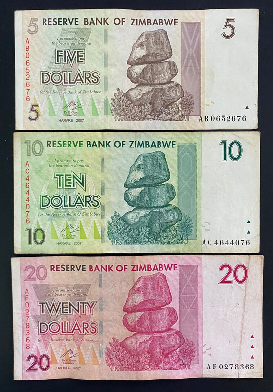 Zimbabwe 5, 10, and 20 Dollar Bills Banknotes Paper Money World Currency