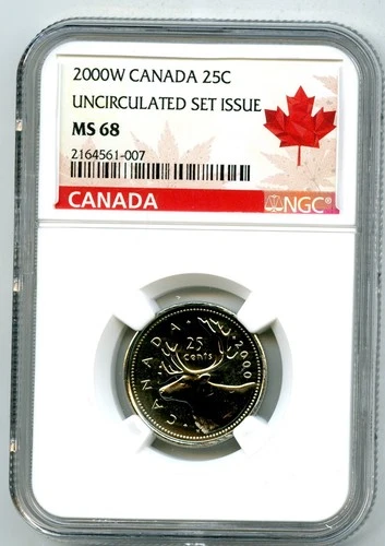 2000 ' W ' MINT MARK CANADA 25 CENT NGC MS68 UNC CARIBOU QUARTER
