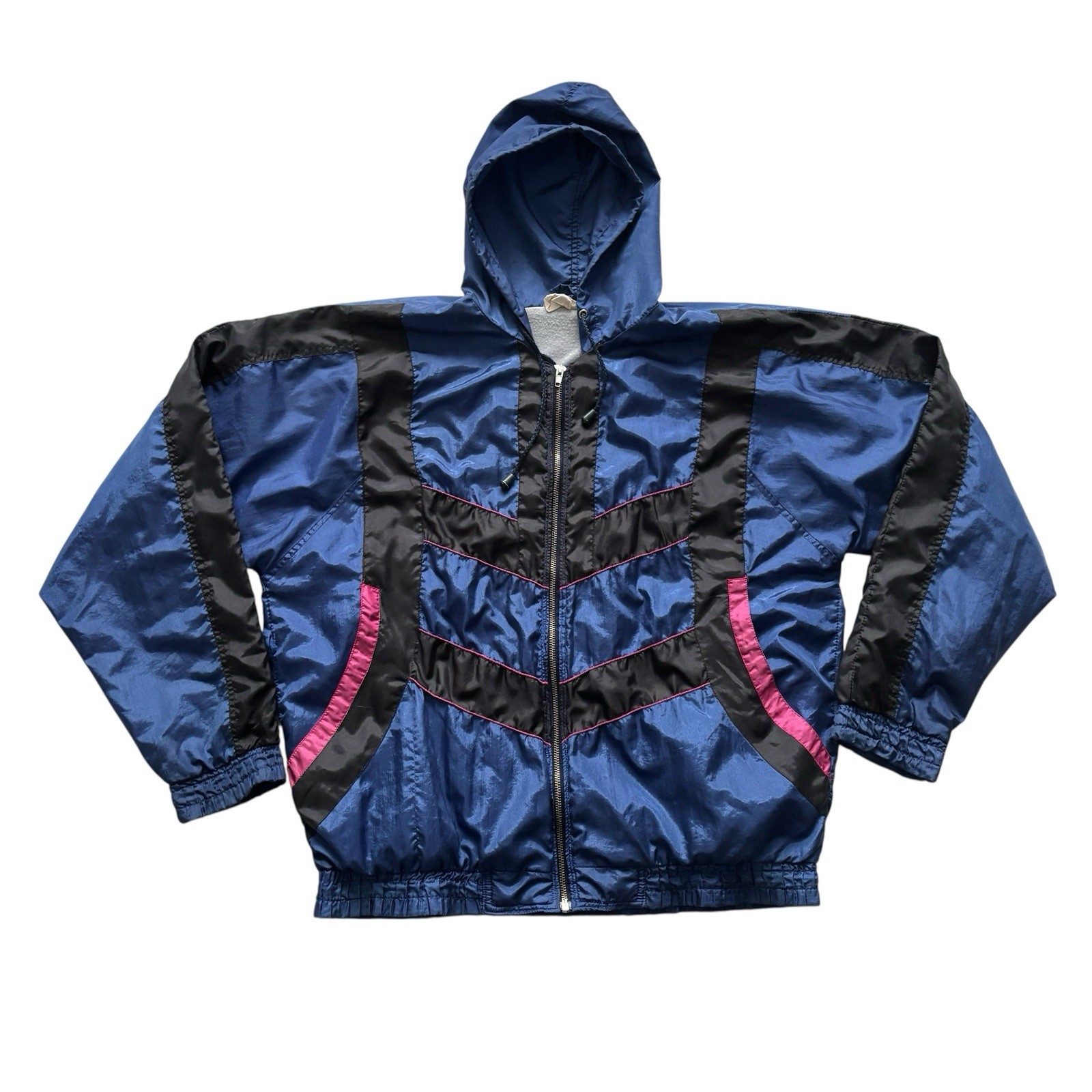 Mens Vintage Jacket 80s Blue Black Striped Hooded Zipped Retro L 44" image 2