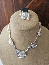 Silver Tone Statement Flower Necklace & Eearings Pierced W Faux Pearl Dangle 