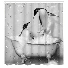 Funny Penguin Shower Curtain Cute Animal Takes Bath in Grey Bathtub with Bubb...