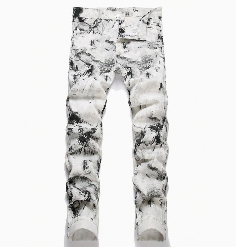 Pantalones de mezclilla blancos de algodón elásticos estampados pantalones de mezclilla punk informales hippie para hombre