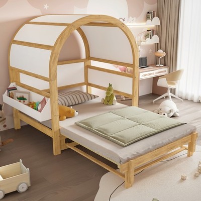 Extendable Canopy Bed w/ Trundle, Kids Daybed, White+Natural, 140x200cm