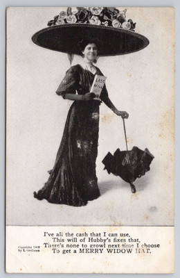 VINTAGE 1908 Comic Postcard ''Merry Widow'' Hat Humor, ''This Will of Hubby's'' Vers