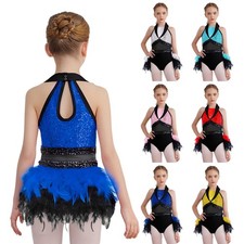 Girls Kids Sequin Jazz Dress Sparkle Dance Feather Tutu Dress Stage Competitions