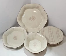 Set Of 9 Stoneware By Grestel Made In Portugal Floral Scalloped Beige Pink