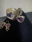 Vtg. SAJEN 3pc Gold Tone Jewelry Set Pink Heart Bracelet, Earrings & Ring Signed