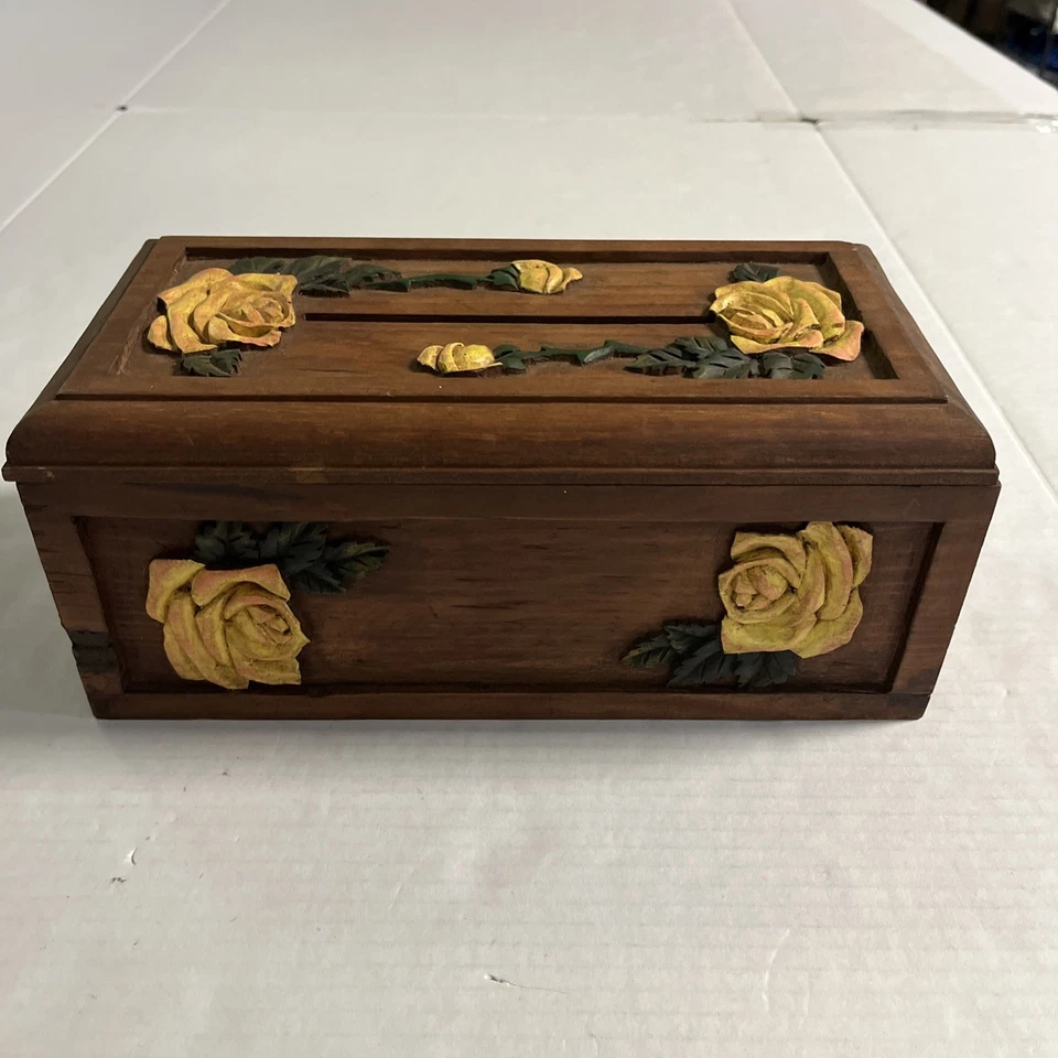 Vintage Hand Carved Wooden Tissue Box Holder Box Yellow Floral Boho Hippie - Image 3 of 4