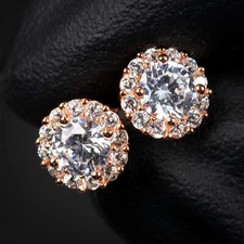 Round Cut Halo Rose Gold 925 Sterling Silver Men's Women's Small Stud Earrings