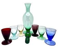 Home Essential Decanter and 6 Color Cordial Glasses 18 oz Multicolor NIB