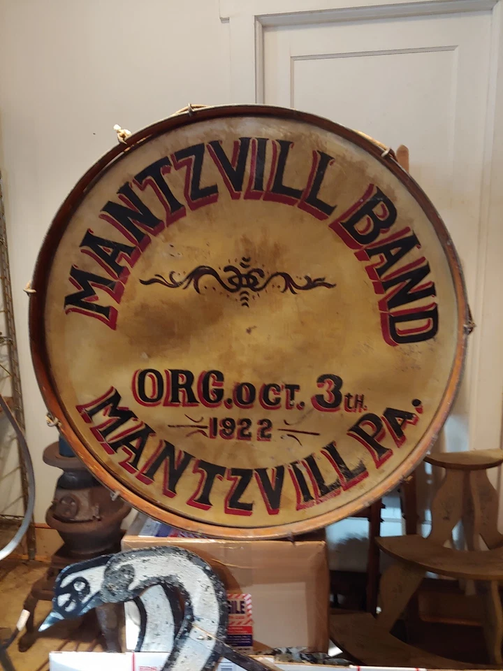 Tambor grande antiguo de 100 años, tambor Mantzville Pennsylvania Band, 33 pulgadas Alto Foto 2 de 4