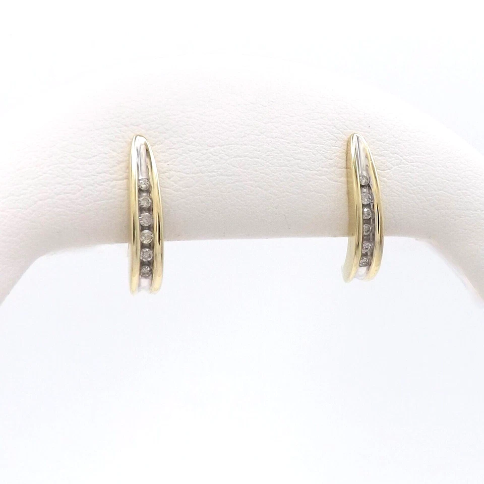 10K Gold Natural Diamond J Hoop Earrings Tapered Channel Set - Image 3 of 4