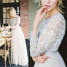 Needle & Thread BHLDN Rhapsody Beaded Long Sleeve Tulle Mesh Maxi Dress Gown
