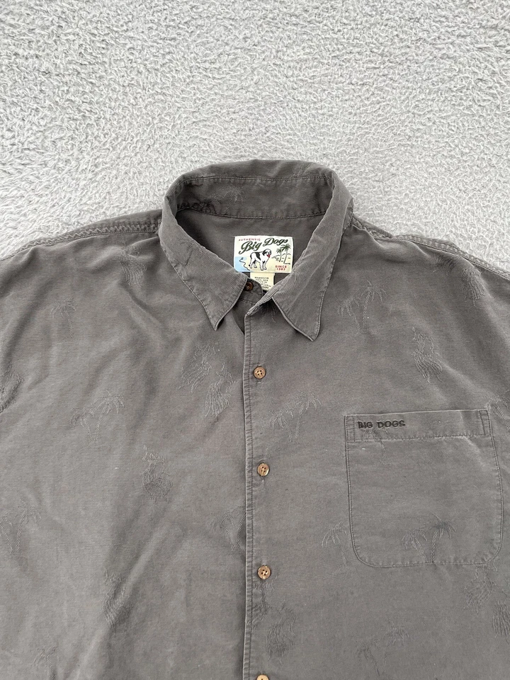 Camisa Big Dogs 100% Seda Adulto Grande Gris Manga Corta Abotonada Hawaiana Hombres Foto 2 de 4