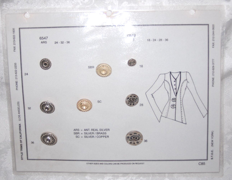 Salesman Sample Card of Buttons C85 from Style Trims of California 8 Buttons