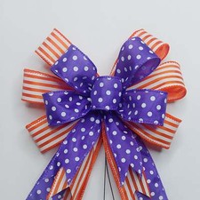 Purple Polkadots with Orange Stripes Halloween Bow, Size Small