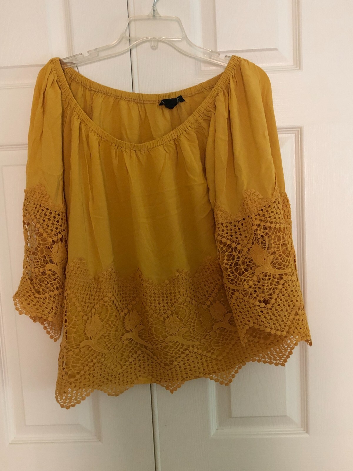 Miss Lili Plus Size 1X Off Shoulder Mustard Yellow Lace Trim Top Blouse Women image 2
