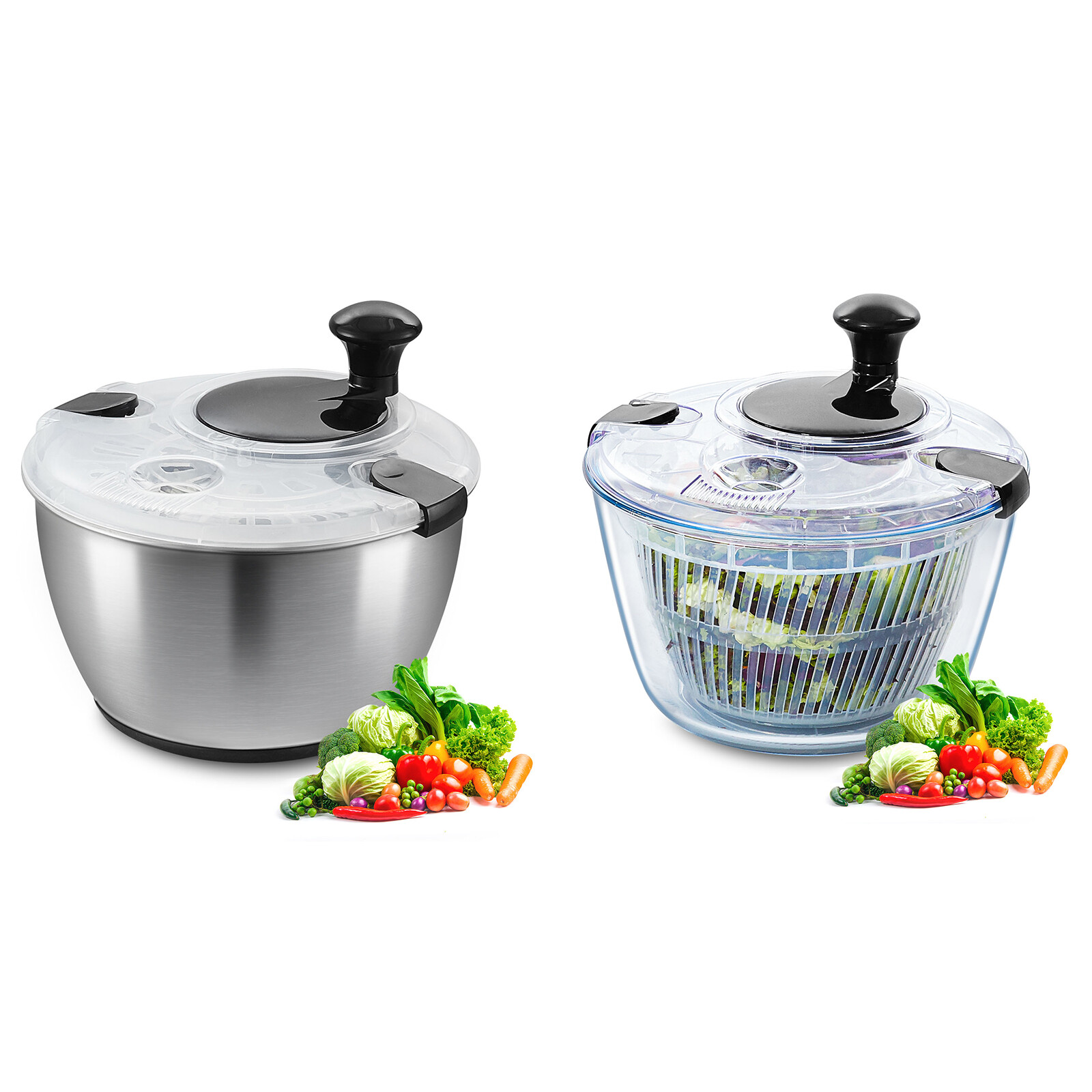 VEVOR Salad Spinner 4.75Qt Stainless Steel/Glass Large Vegetable Dryer BPA-Free-image