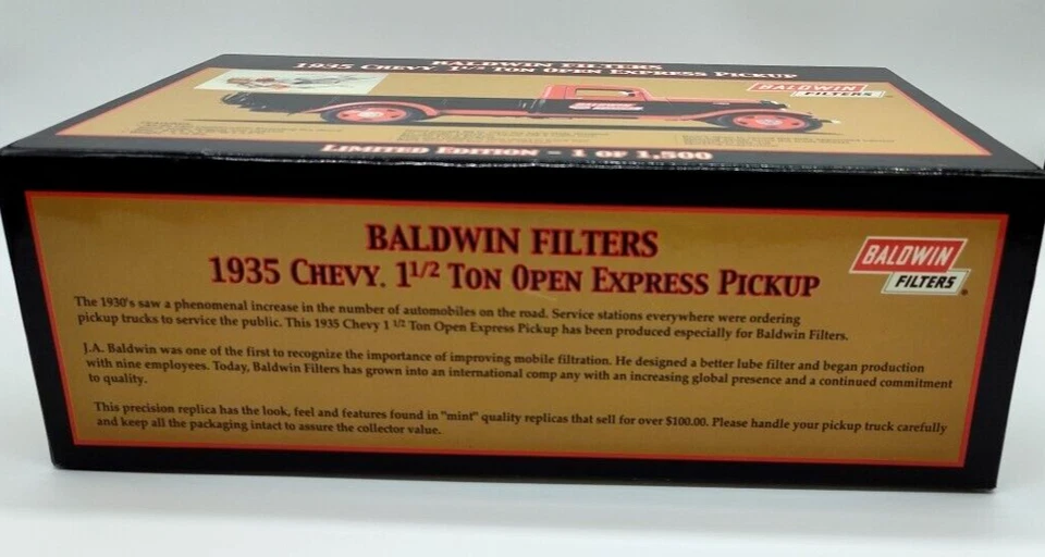 Baldwin Filters 1935 Chevy 1.5 Ton Open Express Pickup 1:24 Diecast Bank LE NIB - Image 3 of 4