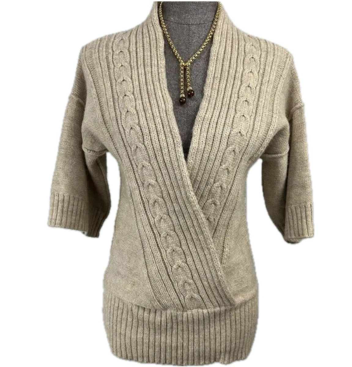 Banana Republic Wool Alpaca Blend V Neck Cable Knit Faux Wrap 3/4