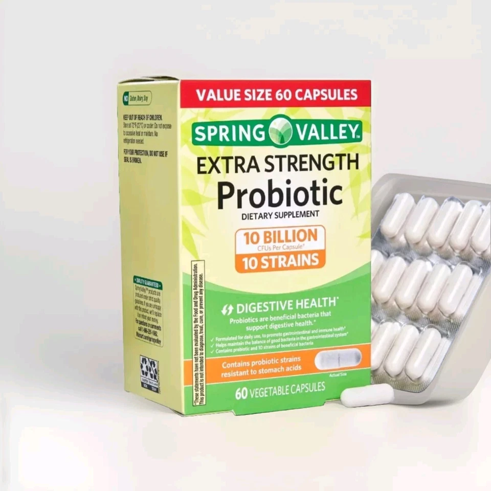 Cápsulas digestivas probióticas Spring Valley Extra Strength, 10 mil millones de UFC, 60 quilates Foto 3 de 3